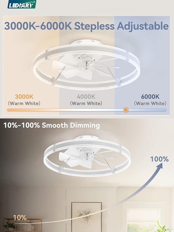 LEDIARY Ceiling Fans with Lights and Remote, 24'' Low Profile Ceiling Fan with Light, 3000-6000K Dimmable Fandelier Ceiling Fans, Modern Flush Mount Fan Light for Bedroom with 6 Wind Speeds- White