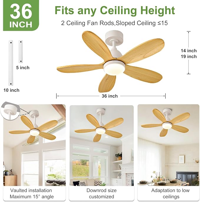 36 Inch Solid Wood Ceiling Fans With Lights, Remote Control, Dimmable, Reversible, Wood Blades, Power-Off Memory, Quiet DC Motor, Indoor/Oudoor Ceiling Fan with Light for Patio