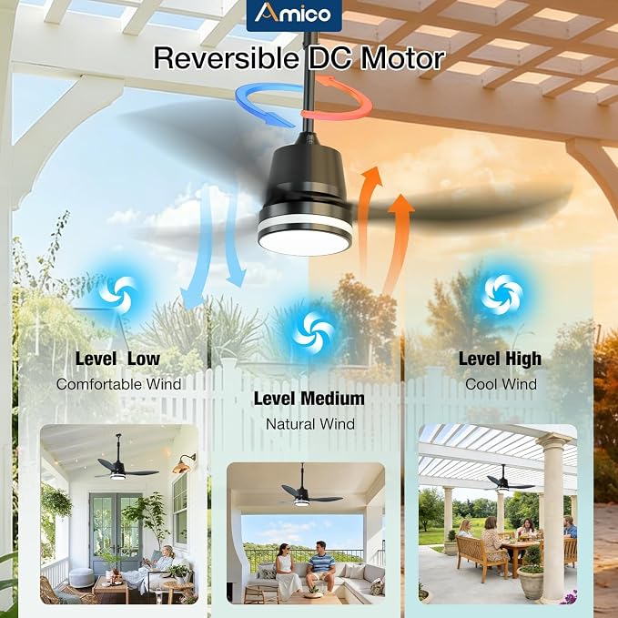 Amico 42 Inch Outdoor Ceiling Fans with Lights for Patios, IP65 Waterproof Gazebo Fan Remote Control, 3000-6000K, 6 Speeds, Hook Hanging Plug in Ceiling Fan for Patio Porch Pergola Garage Canopy