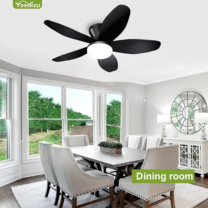 Ceiling Fans with Lights - 35 Inch Small Low Profile Ceiling Fan and Remote,Flush Mount Ceiling Fan with 5 Reversible Blades 6 Wind Speeds, Black Modern Ceiling Fans for Bedroom Kitchen