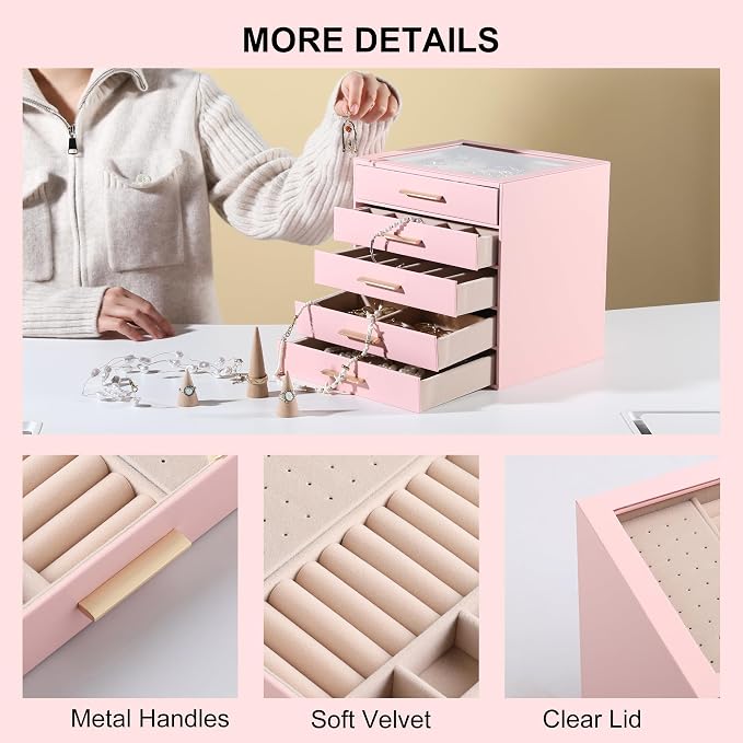 Frebeauty Jewelry Box for Women,Clear Lid Jewelry Organizer with 5 Drawers | Faux Leather,Velvet Lining,5-Layer Large Capacity,Jewelry Storage for Rings Earrings,Dustproof Design,Golden Stylish Handle