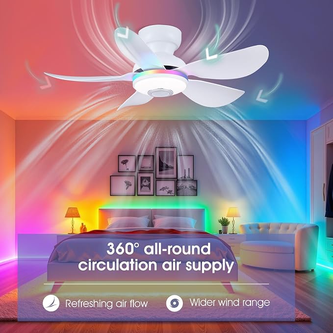 Kviflon 36 Inch White Ceiling Fan with Light, 5 Blades Flush Mount Fan with RGB & 3 CCT Dimmable Light, APP & Remote Control, Built-in Speaker, Reversible, 6 Speeds for Bedroom Living Room