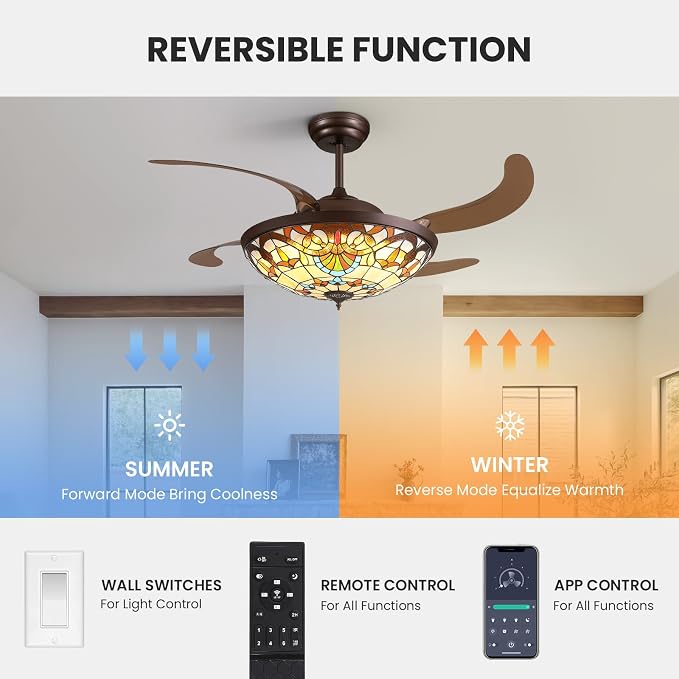 52inch Ceiling Fan Tiffany Style Stained Glass Retractable Ceiling Fans with Remote & Dimmable Light 6-Speed Reversible Motor for Bedroom Dining Room Living Room Kitchen