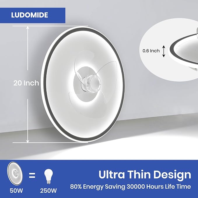 LUDOMIDE 20" Flush Mount Ceiling Fan with Lights and Remote, 6 Wind Speeds, Dimmable LED for Bedroom, Kids Room and Living Room