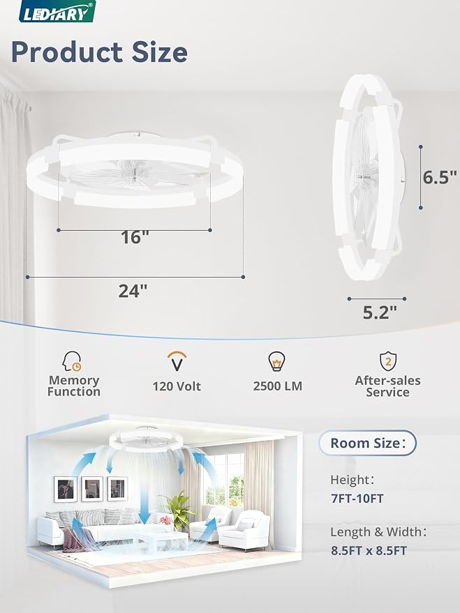 LEDIARY 24" Ceiling Fans with Lights and Remote, Modern Low Profile Ceiling Fan, 3 CCT, Stepless Dimmable, Fandelier Flush Mount Fan Light, 6 Speeds, DC Motor, App & Remote Control for Bedroom(White)