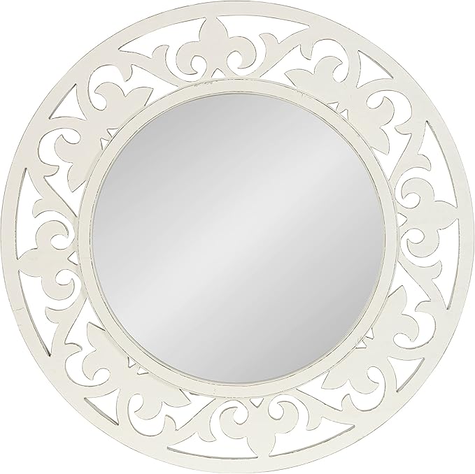 Kate and Laurel Shovali Coastal Round Mirror; 32 Inch Diameter; White; Decadent Wall Decor with Ornate Wood-Carved Frame