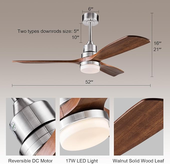 52 Inch Brushed Nickel Ceiling Fans with Lights and Remote Control, Dimmable, Modern Ceiling Fan Light, 3 Blades, 6 Speed DC Motor, Indoor Outdoor Ceiling Fan for Farmhouse,Bedroom