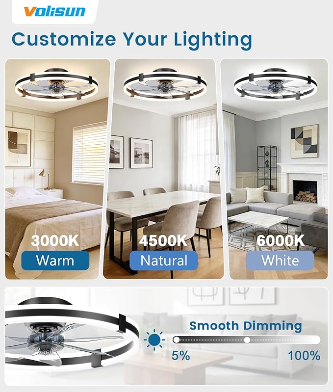 VOLISUN Ceiling Fans with Lights and Remote, 23.6in Low Profile Ceiling Fans with Light, 3000K-6500K Dimmable Fandelier Ceiling Fan, Black Flush Mount Ceiling Fan for Bedroom