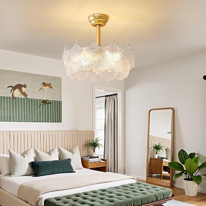 20'' Fandelier Ceiling Fans with Lights, Gold Caged Ceiling Fan with Remote Low Profile, 6 Speed and Gingko Leaf, Modern Semi Flush Mount Ceiling Fan for Bedroom, Living Room, Nursery