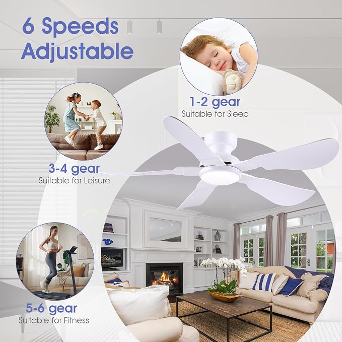 Kviflon 52 Inch Modern Ceiling Fans with Lights, Flush Mount Ceiling Fan with Light and Remote/APP Control, 5 Reversible 6 Speeds Curved Blades, 3 CCT Dimmable Lights for Bedroom, White