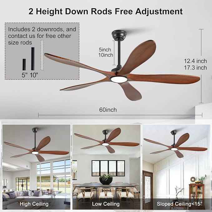 60 Inch Wood Ceiling Fans with Lights and Remote Control, Indoor Outdoor Modern Black Ceiling Fan with Light for Patio Office,Bedroom, 5 Blades, Dimmable, Reversible DC Motor, Memory Function