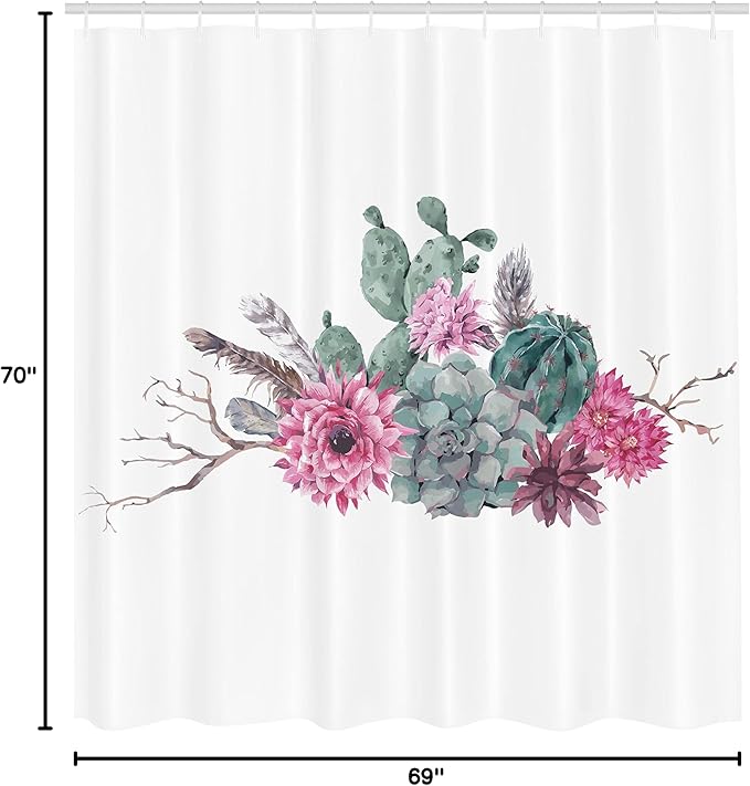 Ambesonne Succulent Shower Curtain, Feathers Flowers Cacti Hipster Elements Vintage Fashion, Cloth Fabric Bathroom Decor Set with Hooks, 69" W x 70" L, Green Pink