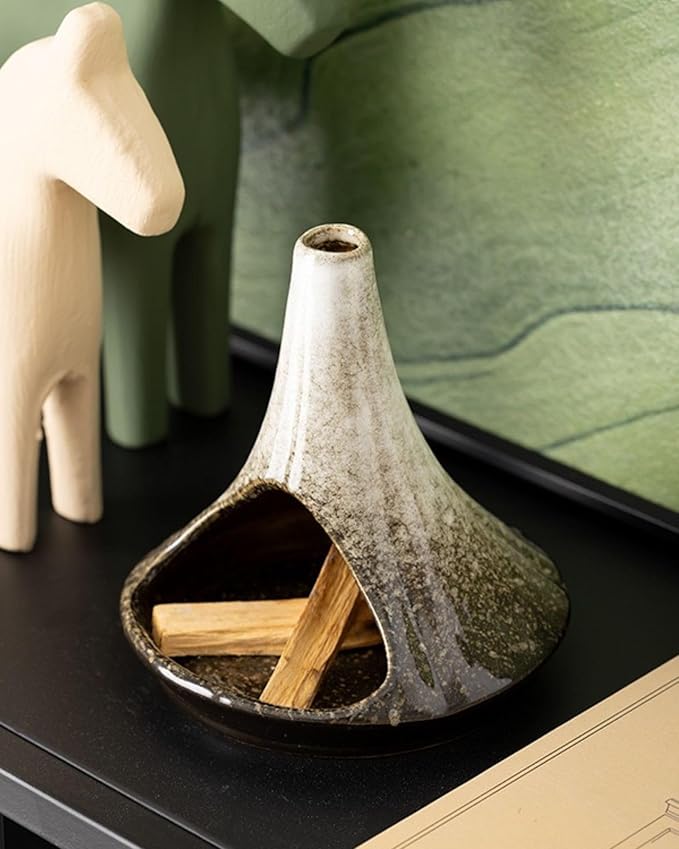 Ceramic Palo Santo Holder & Ash Catcher with Mini Chimney, Incense Holder & Sage Burner, Wabi-Sabi Home Decor for Meditation & Yoga (Ash Stone)