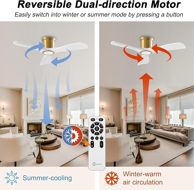 OFANTOP 52 Inch White Gold Flush Mount Smart Ceiling Fan with Light Remote | Whisper-Quiet & Powerful Airflow, 3-Color Dimmable LED with Memory, Reversible Motor, Timer, for Bedroom Living Room
