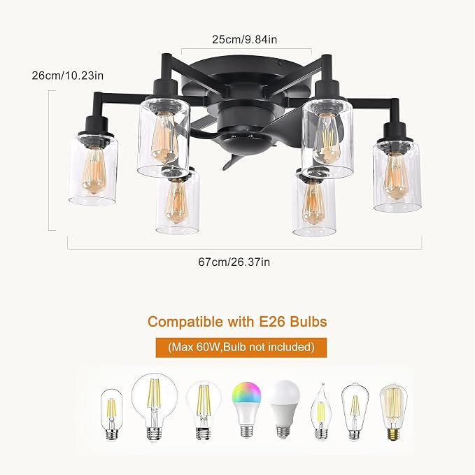 Garwarm 26IN Ceiling Fans with Lights, Black Flush Mount Ceiling Fan with Lights Remote Control,Low Profile Bladeless Ceiling Fan Light Fixture for Bedroom, Kitchen, Dining Room