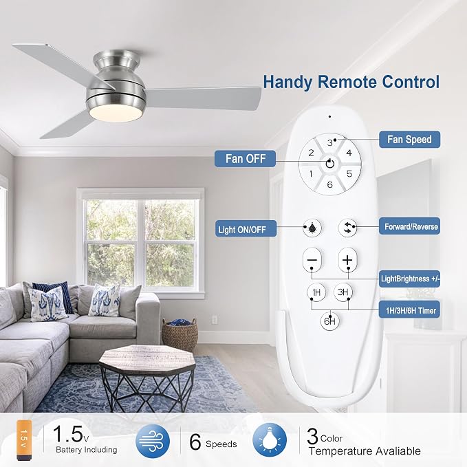 42 Inch Low Profile Ceiling Fan with Light, Brushed Nickel | Flush Mount,Remote Control,Reversible DC Motor,Wood Blades,6 Speed,3CCT Dimmable for Bedroom,Living Room