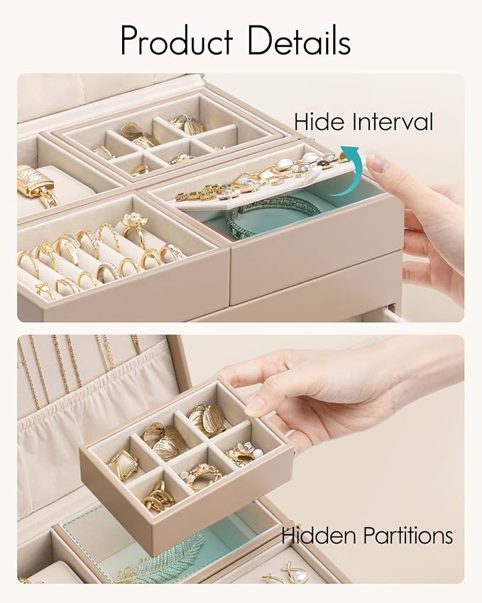 VLANDO 3 Layer Jewelry Box - Women Jewelry Box with Retractable Tray - Jewelry Organizers with Drawer for Necklaces, Rings, Bracelets, Earrings, Gift for Couples Mom Girls - Toffee