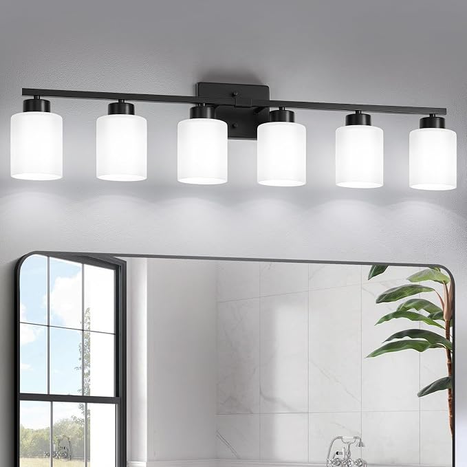 FonmYim Black Bathroom Light Fixtures, 6-Light Modern Vanity Light Over Mirror, Wall Sconces with Milky White Frosted Glass Shades, E26 Socket (Bulbs Not Included)