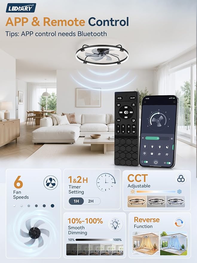 LEDIARY 30" Ceiling Fans with Lights and Remote, Low Profile,Large, Black | 3000K-6000K Stepless Dimmable Fandelier, Reversible DC Motor, Remote and APP Control, Bedroom Kitchen Living Room Fan Light