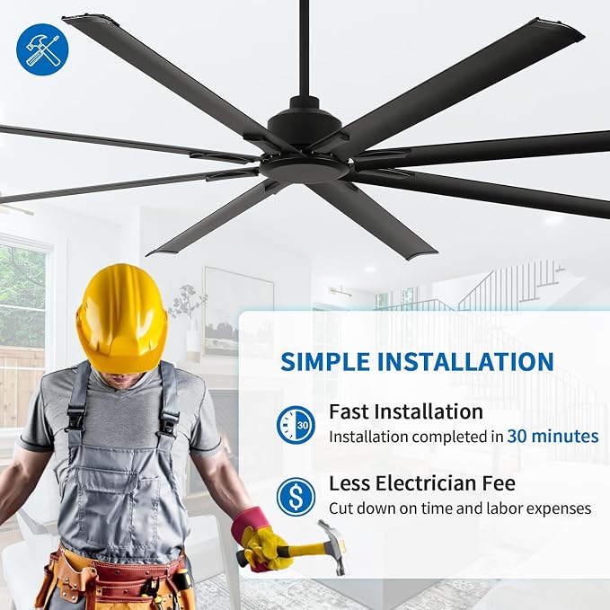 84 Inch Industrial Ceiling Fans without Lights, Large Ceiling Fan with 8 Reversible Aluminum Blades, 6-Speed Remote Control, Home or Commercial Ceiling Fan for Porch, Garage, Shop