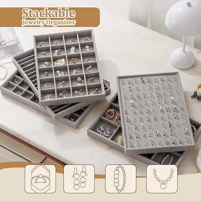 Large Velvet Jewelry Tray 2 Pack Stackable Jewelry Display Drawer Inserts Trays Organizer for Earring Bracelet Necklace Ring (Gray, 1 Grid)