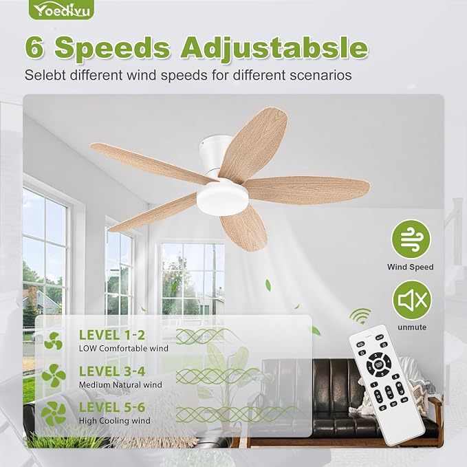 Ceiling Fans with Lights - 42 Inch White&Wood Flush Mount Ceiling Fan 6-Speed Wind, Quiet Reversible DC Motor, 3 Color Dimmable Lighting, Small Low Profile Ceiling Fans for Living Room/Bedroom