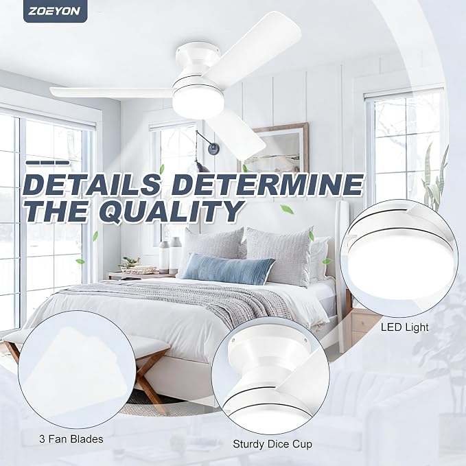 Ceiling Fans with Lights - 42 Inch Low Profile Ceiling Fan with Light and Remote Control, Reversible, 3CCT Dimmable, Noiseless, White Small Flush Mount Ceiling Fan for Bedroom Indoor/Outdoor