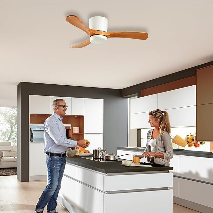 GESUM 42 Inch Wood Ceiling Fan without Light | Flush Mount, Remote Control, 3 Blade 6-Speed Reversible DC Motor, Noiseless Timer, For Bedroom Living Room Patio Porch