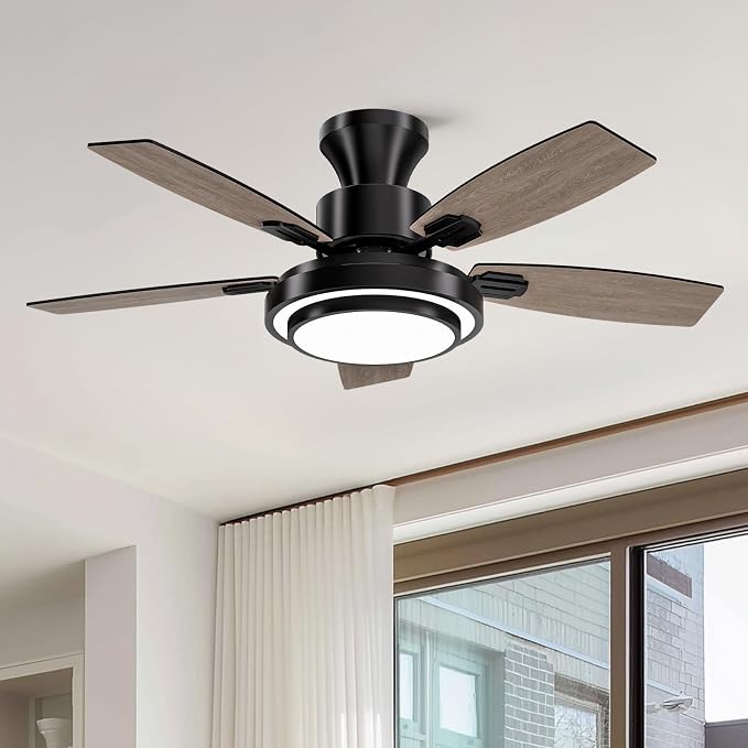 Ceiling Fans with Lights and Remote Control, 42 Inch Low Profile Ceiling Fan with Quiet Reversible DC Motor, Dimmable LED Lighting, 6 Speeds, Timer, Black Ceiling Fan for Bedroom Living Room