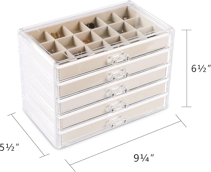 Frebeauty Acrylic Jewelry Box for Earring,Jewelry Organizer with 5 Drawers | 61 Jewelry Storage Grid for Rings Stud Bracelet,Transparent Appearance,Earring Holder Organizer for Women,Velvet Lining