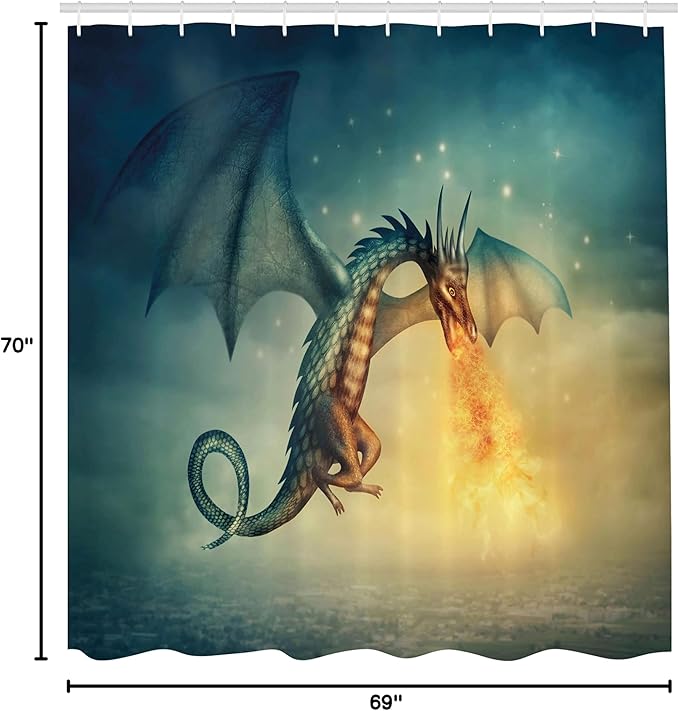 Ambesonne Fantasy Shower Curtain, Dragon in The Sky Creature Surreal Design, Cloth Fabric Bathroom Decor Set with Hooks, 69" W x 70" L, Teal Yellow