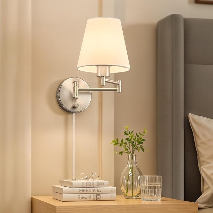 VONLUCE Wall Sconce Set of 2, Plug in & Hardwired Swing Arm Wall Lamps, Adjustable Wall Mounted Lighting Fixtures, Modern Wall Lights with Nickel Base White Fabric Shade for Bedside, Hallway, Study