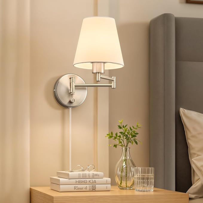 VONLUCE Modern Adjustable Swing Arm Wall Lamp Brushed Nickel, Plug-in Wall Sconce Lighting for Bedroom Bedside, Living Room, Kitchen, Hallway, Wall Mounted Light Fixtures with White Fabric Shade