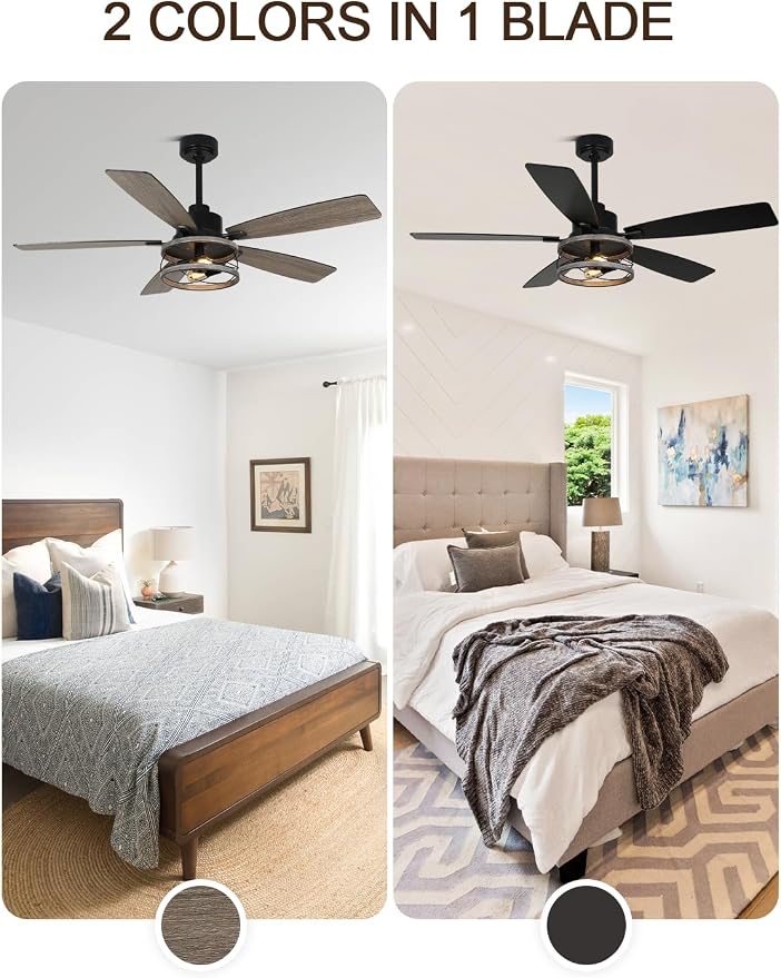 52" Farmhouse Ceiling Fan with Lights and Remote Rustic Fandelier | Wood Caged Fandalier Industrial Chandelier, for Bedroom Living Room, Reversible DC Motor 6 Speed, 3 E26 Bulbs (Not Included)