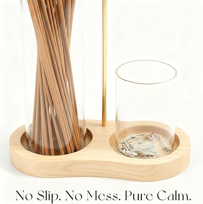 2-in-1 Incense Stick Holder with Glass Ash Catcher, Dual Glass Cups & Metal Clip, Minimalist 8-Shaped Wooden Base, Home Decor Gift (Dark Base)