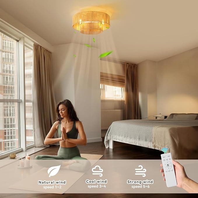 20 Inch Boho Caged Ceiling Fans with Lights Flush Mount, Boho Rattan Fandelier Ceiling Fan with Light Remote Control with Reversible 6 Speeds for Bedroom, Nursery, Living Room, E12 Base,Indoor