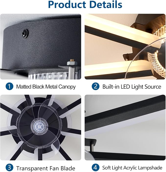 Modern LED Ceiling Fan with Light, 30" Low Profile Flush Mount Fandelier with Remote Dimmable 6 Speed Smart Ceiling Fan for Bedroom Living Room Dining Room