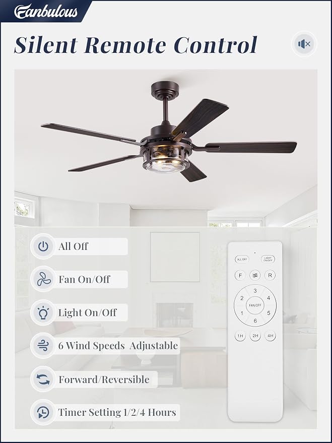 Fanbulous 52 Inch Ceiling Fan with Light and Remote,Downrod Mount Farmhouse Ceiling Fan for Bedroom, Quiet 6-Speed Reversible DC Motor, Rustic Brown & Wood Finish Blades