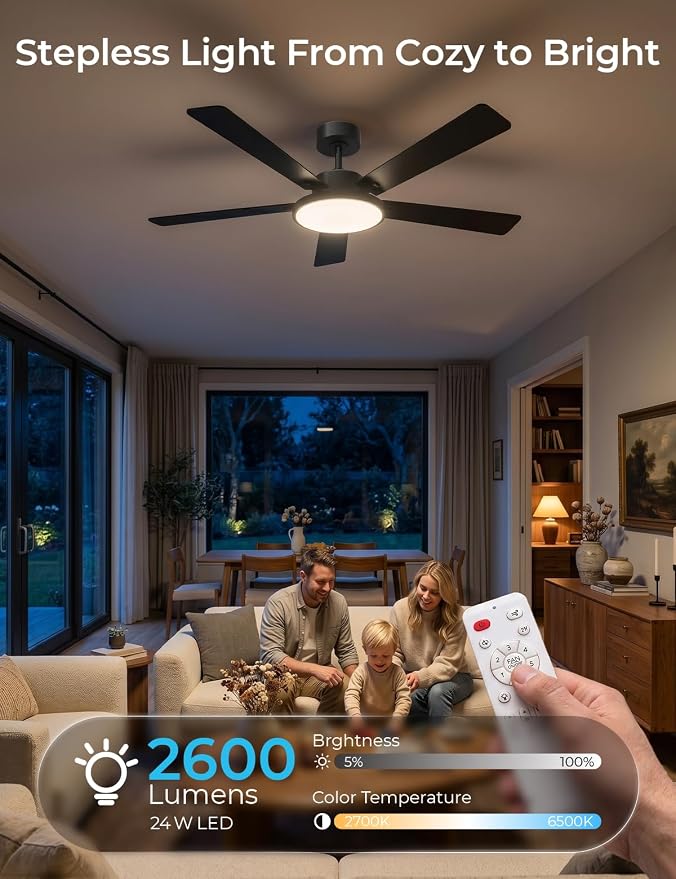 CINOTON Smart Ceiling Fan with Lights, 52'' RGBCW Ceiling Fan with Lights and Remote App Voice Control, Reversible DC Motor, 2600lm Dimmable, 6 Speeds & 2 Fan Modes, Quiet Fan for Bedroom, Living Room