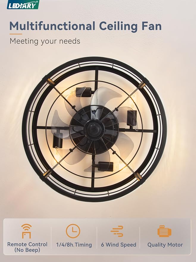 LEDIARY 20" Caged Ceiling Fan with light and Remote, Low Profile Flush Mount Fandelier, Black Bladeless Enclosed Small Fan Ceiling Light Fixtures, Rustic Farmhouse Style for Bedroom, Outdoor
