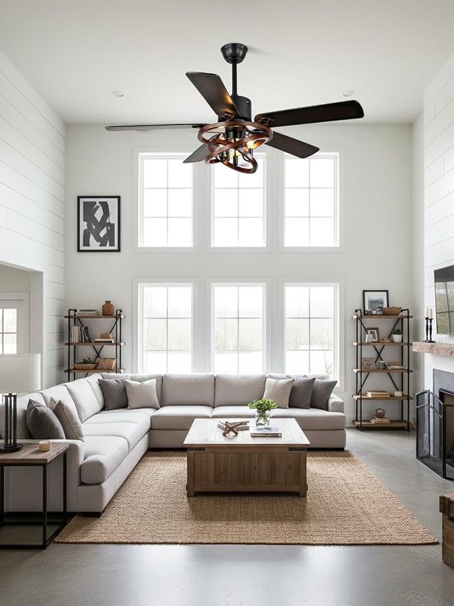 52 Inch Farmhouse Ceiling Fan with Light and Remote Chandelier Fan Quiet and Reversible DC Motor Rustic Ceiling Fan for Living Room Bedroom Patio