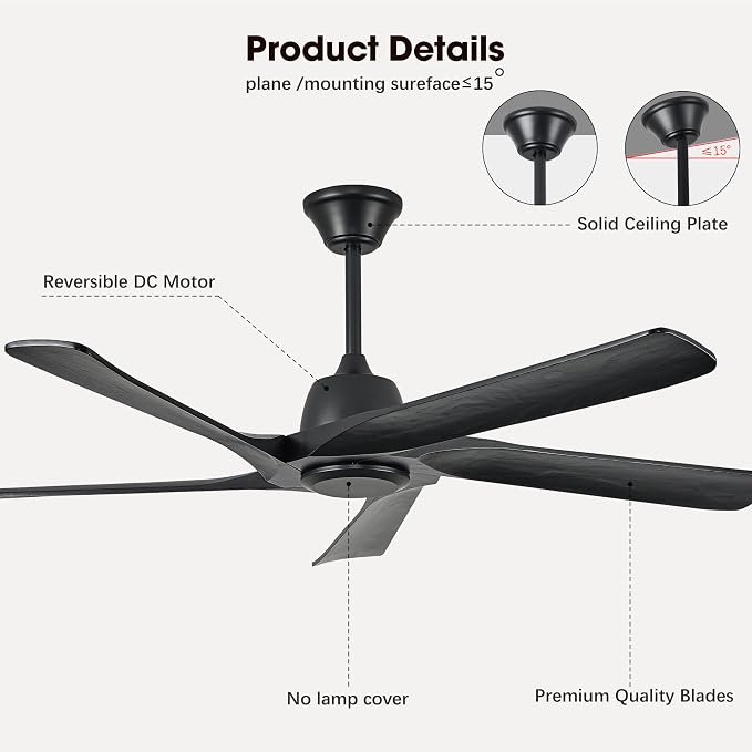 60" Solid Wood Ceiling Fan No Lights, Remote and APP Control, DC Motor, 6-speed Reversible, Ceiling Fans without Light for Bedroom, Living Room, Office, Black