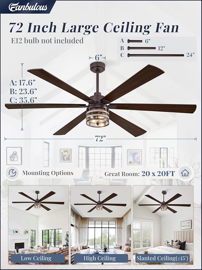 Fanbulous 72 Inch Large Farmhouse Ceiling Fan with Light & Remote,Black | Powerful 6-Speed Reversible DC Motor, Industrial 6 Dual Finish Blades, Ideal for Living Room, Bedroom, Patio, Garage