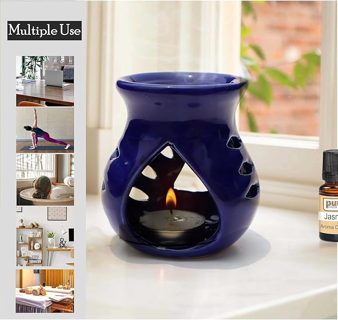 Pure Source India Ceramic Essential Oil Burner Wax Melt Burners |Aromatherapy| Ceramic Oil Diffuser| Candle Tealight Holder (Set of 1) Home Bedroom Decor Christmas Housewarming Gift, Blue