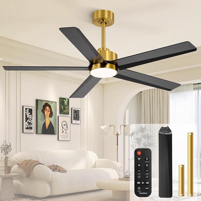 Conciseer 52 Inch Ceiling Fans with Lights and Remote for Bedroom Living Room Kitchen Office, Indoor/Outdoor Use, 3CCT Dimmable, 5 Blades 6 Speed Reversible Quiet DC Motor, Gold/Black