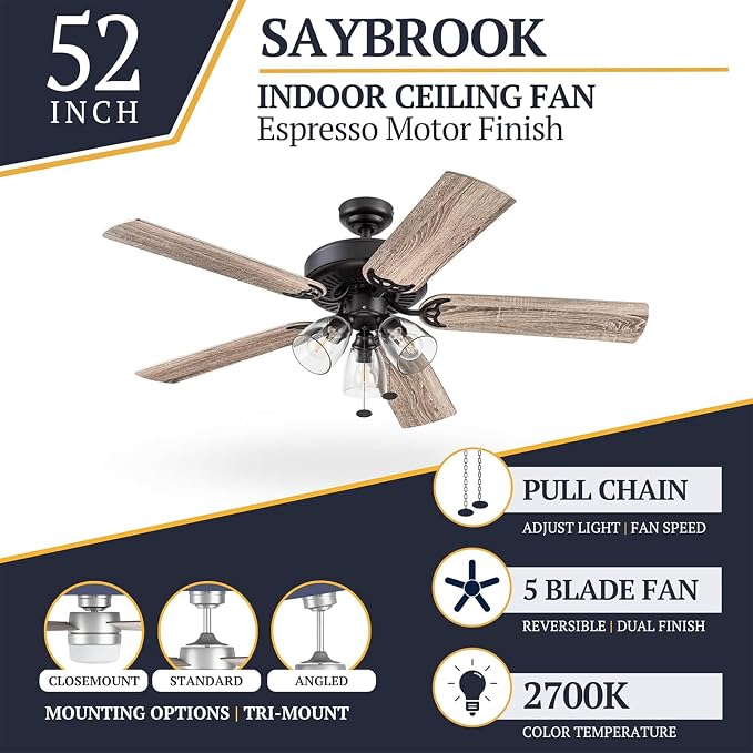 Prominence Home Saybrook 52 Inch Farmhouse LED Indoor Ceiling Fan with Light, Pull Chain Control, 5 Dual Finish Blades, Reversible Motor, Bronze