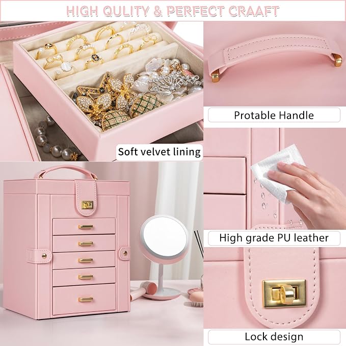 AKOZLIN 6-Tier Jewelry Box Organizer Functional 5 Drawers Leather Jewelry Storage Case for Women Girls Ring Necklace Earring Bracelet Holder Organizer with Mirror Light Pink Regular