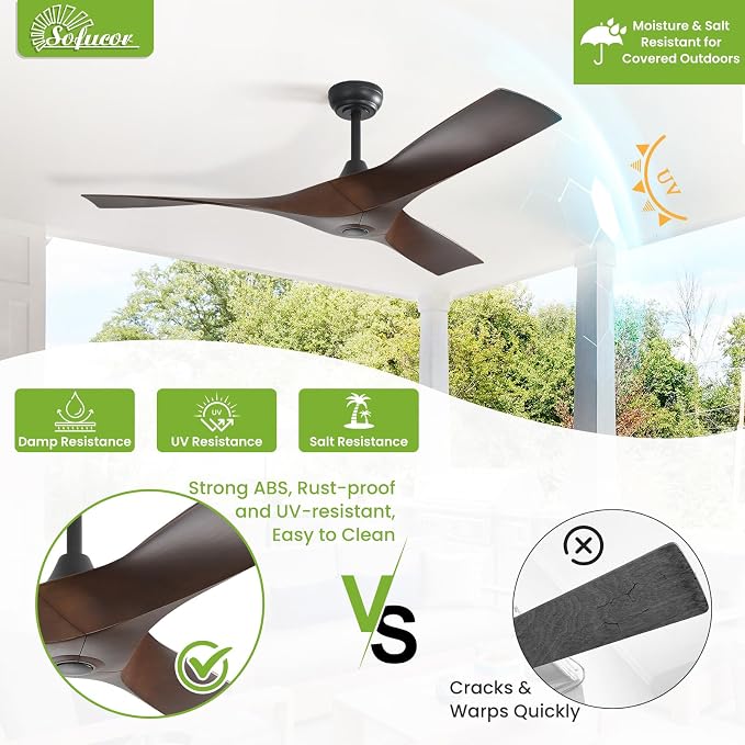 Sofucor 52 Inch Ceiling Fans No Lights, Modern Ceiling Fan with 3 Plastic Blades, 4500CFM 6-Speed 3-Timer Reversible DC Motor, for Bedroom Living Room Patios Office, ETL/FCC
