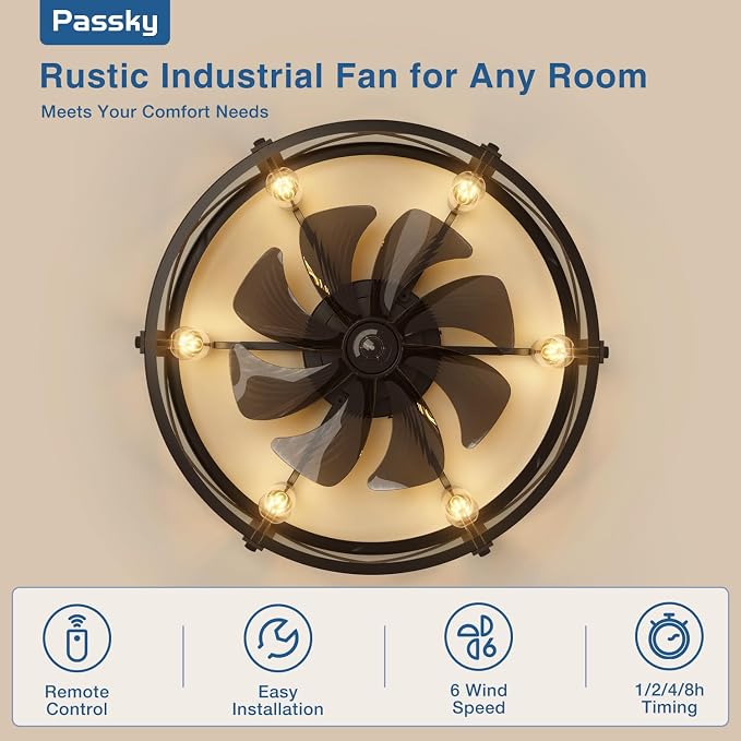 Passky 24" Farmhouse Flush Mount Ceiling Fans with Lights and Remote, Industrial Black Caged Low Profile Fandelier, 6 Speeds Bladeless Ceiling Fan for Bedroom, Kitchen, Living Room