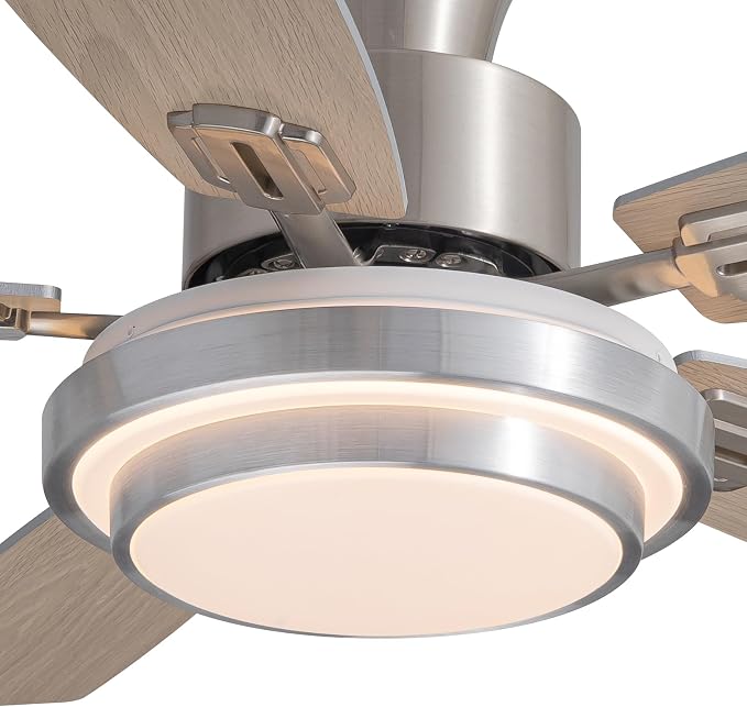 Ceiling Fans with Lights and Remote Control, 42 Inch Flush Mount Ceiling Fan with Quiet Reversible DC Motor, Dimmable LED Lighting, 6 Speeds, Timer, Nickel Ceiling Fan for Bedroom Living Room